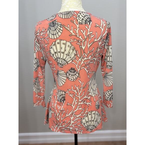Boston Proper Coral Beach Seashell Print 3/4 Sleeves V-Neck Ruched Top Size 5 - Picture 3 of 14